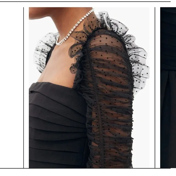 SELF-PORTRAITRuffled black Dotted Tulle And Crepe Midi women’s dress size 6
